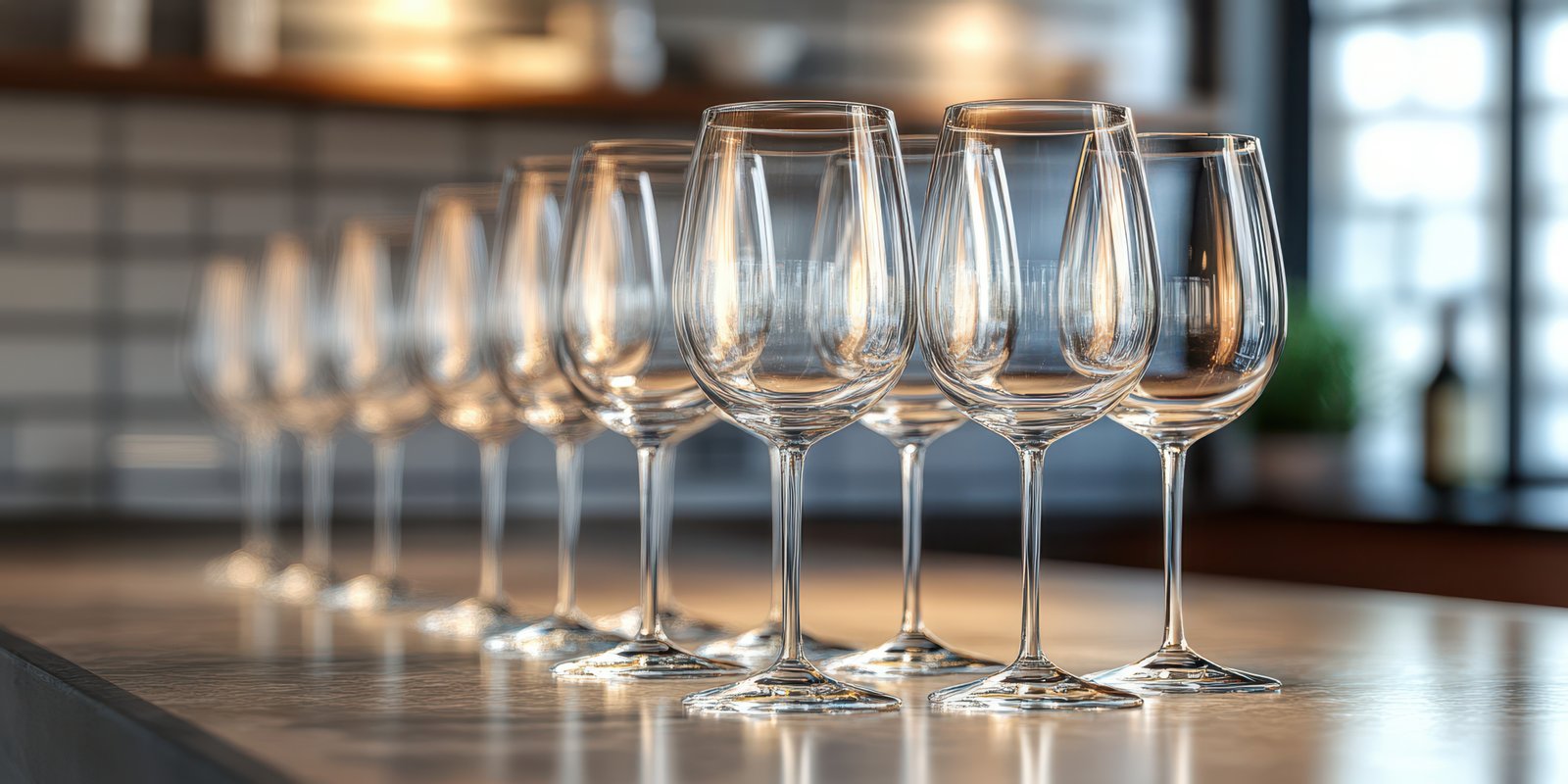 Elegant row of clear wine glasses ready for an evening gathering in a modern restaurant setting